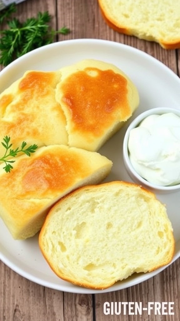 Fluffy cloud bread on a plate with herbs and cream cheese spread, on a rustic wooden table.